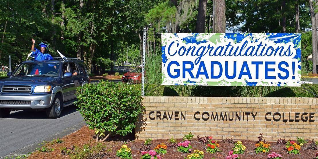 Craven CC’s class of 2020 take part in the college’s first drive-thru commencement ceremony from the comfort of their vehicles.