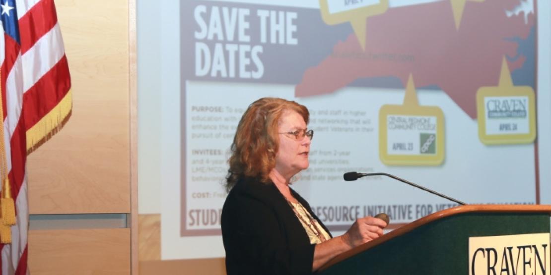 Susan Watkins, co-chair of the statewide steering committee for NC STRIVE, gives an overview of the event during the NC STRIVE Eastern Regional Conference held April 24 on Craven CC’s New Bern campus.