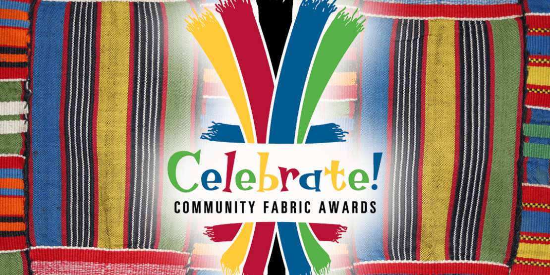 Colorful fabric with Community Fabric Awards logo on top