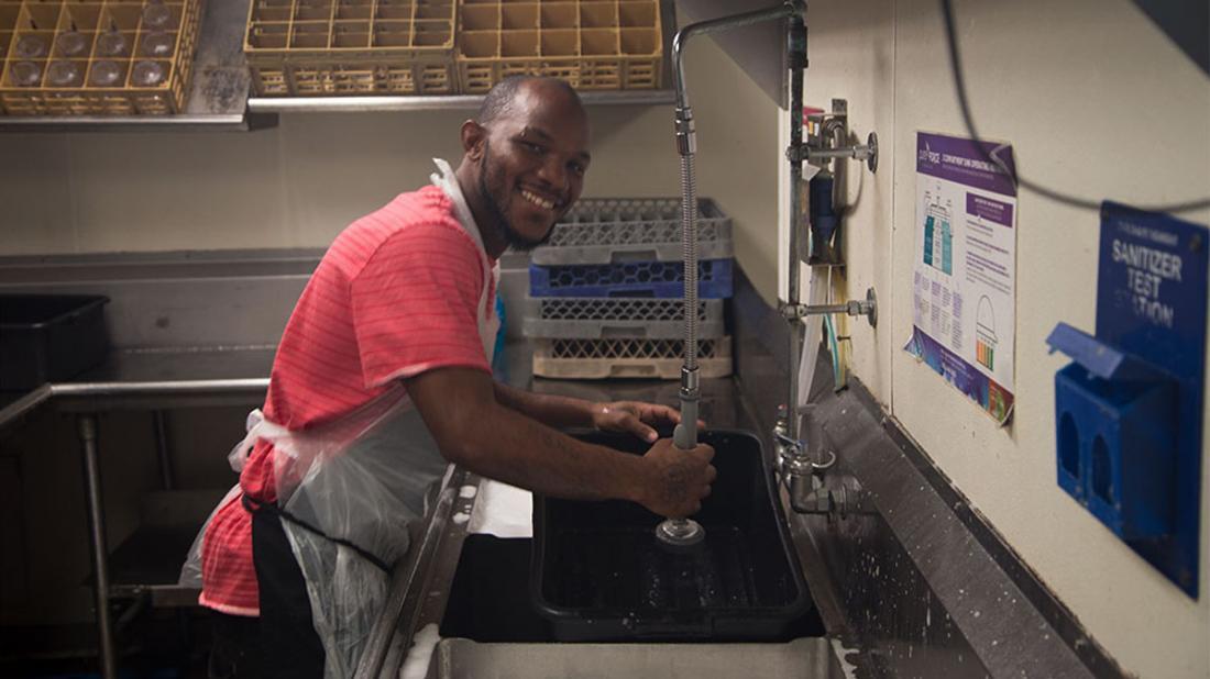 ​​​​​​​Jeremiah Simmons works in Baker’s Kitchen in downtown New Bern, where he found employment after completing the Craven CC Job Readiness Boot Camp.