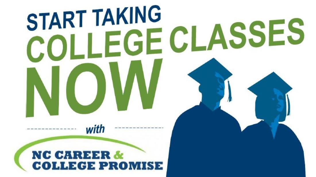Start taking college classes now with NC Career & College Promise text with blue outline of male and female in grad caps