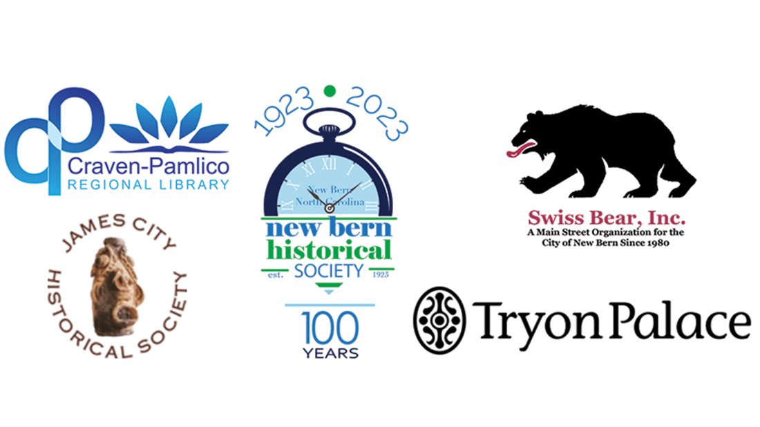 LLC partner logos for Craven-Pamlico Regional Library, James City Historical Society, New Bern Historical Society, Swiss Bear, and Tryon Palace.