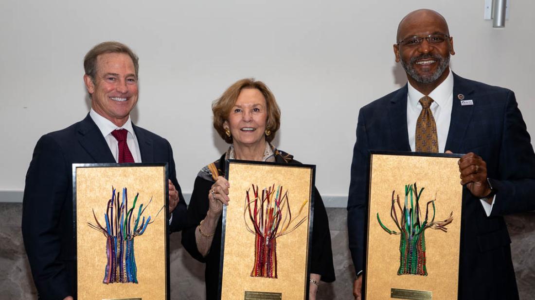 Craven CC’s Community Fabric Awards event recognizes leaders who have gone above and beyond in the community. This year’s recipients pictured left to right are Trader Construction Company (Carl C. Huddle, president) for Business Leadership, Susan Moffat-Thomas for Individual Leadership, and New Bern High School Principal Jerry Simmons for Leadership in Education. 