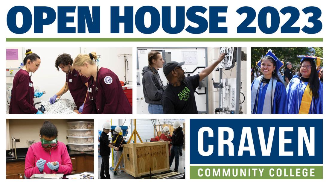 Open House 2023 slide with students and Craven CC logo