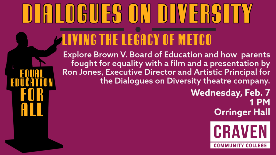 Flyer featuring Dialogues on Diversity, a performance by Executive Director Ron Jones about the Brown V. Board of Education