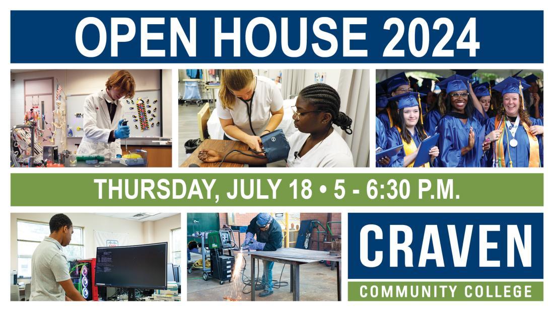 Open House 2024 slide with students and Craven CC logo