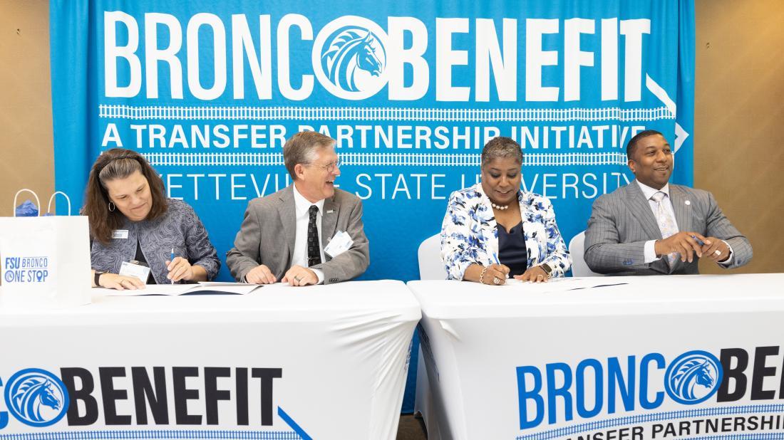 Officials from Craven CC and Fayetteville State University sign a transfer agreement on May 29. Pictured left to right: Craven CC VP for Instruction Dr. Kathleen Gallman, Craven CC President Dr. Ray Staats, FSU Provost and Senior Vice Chancellor for Academic Affairs Dr. Monica Terrell Leach, and FSU Chancellor and Chief Executive Officer Darrell Allison.