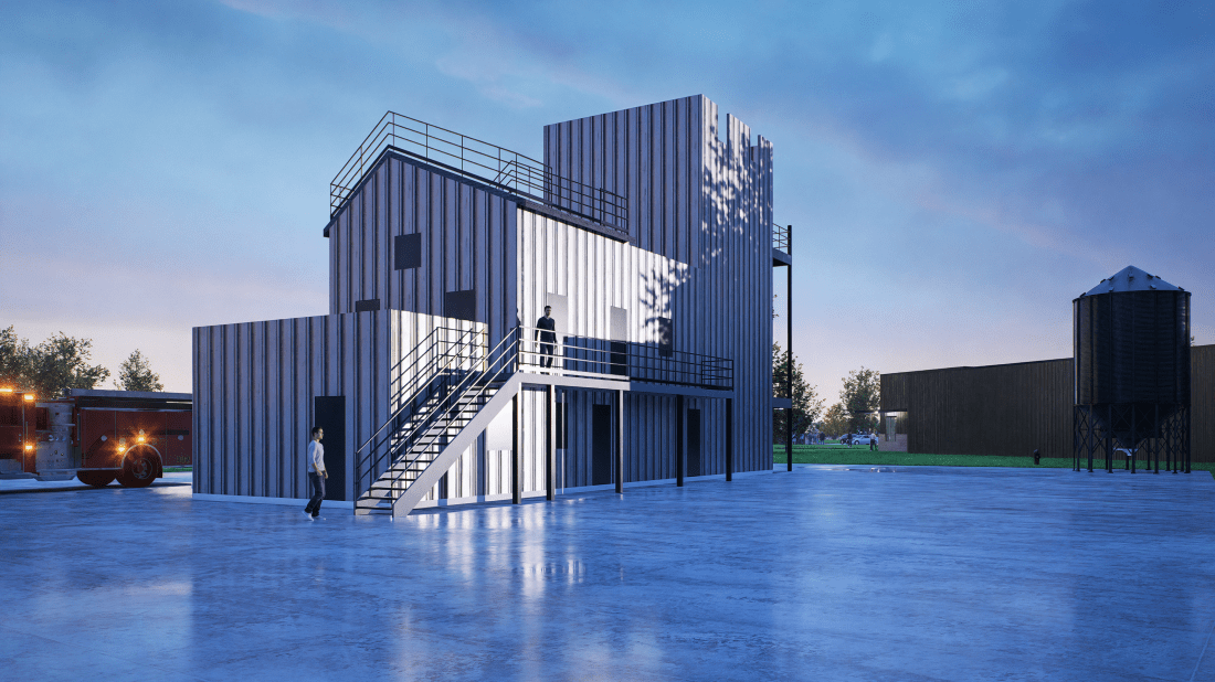 Rendering of a burn building and drill tower for the Public Safety Training Center