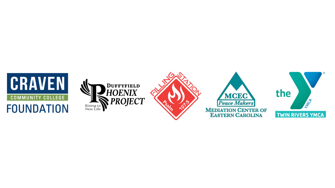 Logos for the Craven CC Foundation, Duffyfield Phoenix Project, Filling Station, Mediation Center of Eastern Carolina, Twin Rivers YMCA