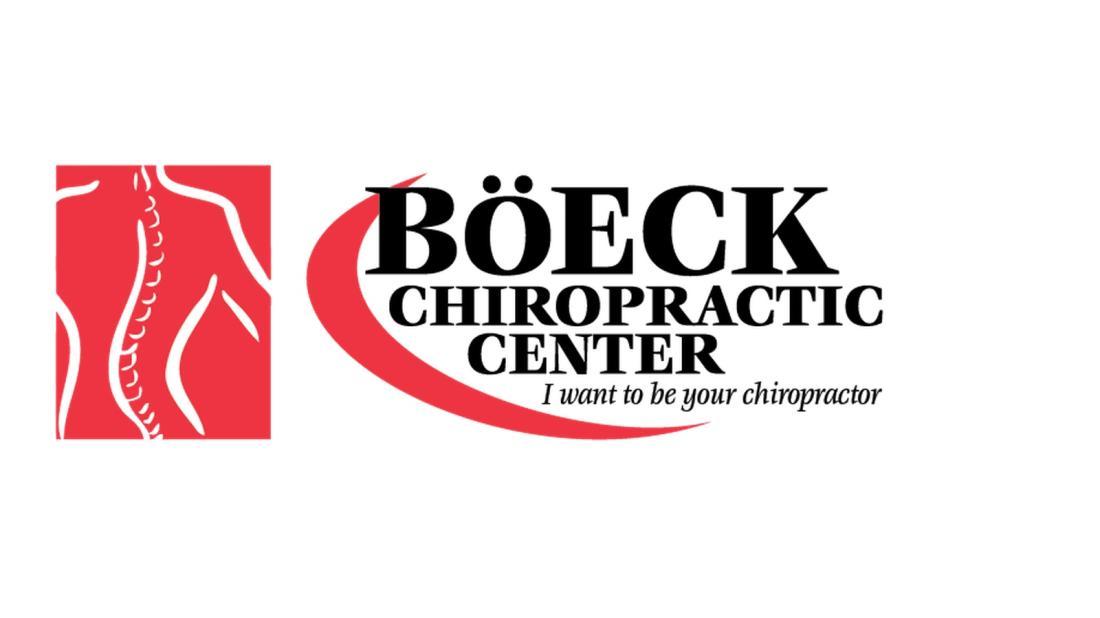 Böeck Chiropractic Center logo featuring a stylized red outline of a human back and spine beside the business name, with the tagline "I want to be your chiropractor."