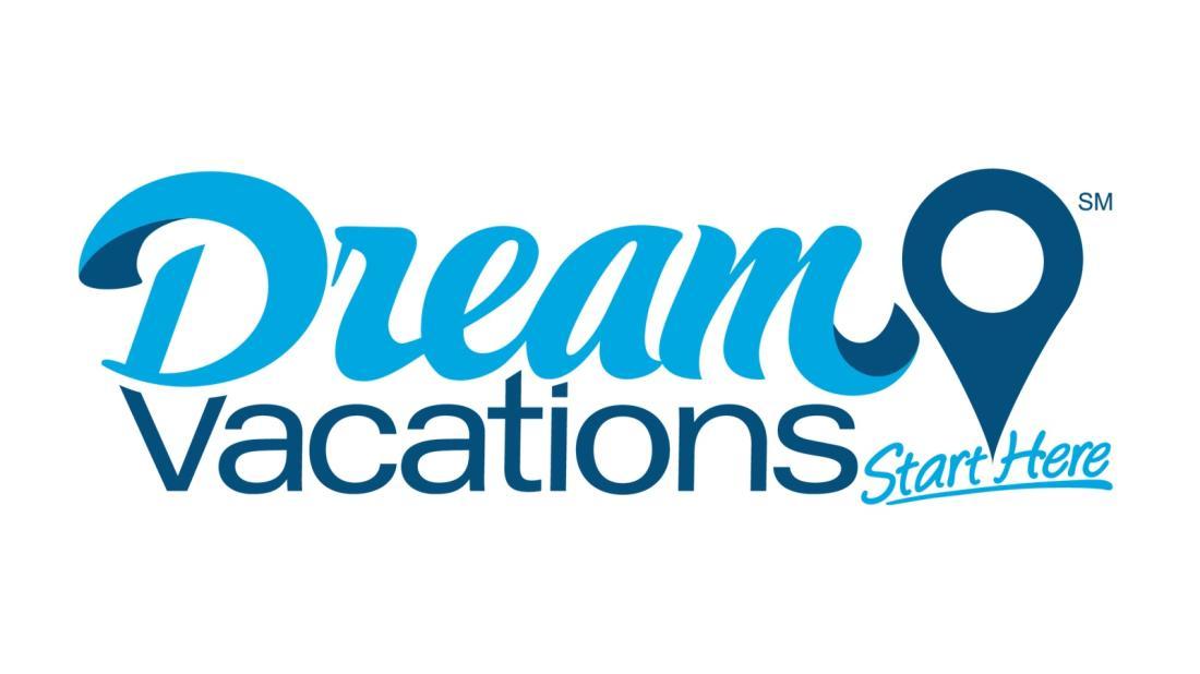 Dream Vacations logo featuring "Dream" in light blue script above "Vacations" in dark blue sans-serif text, with the tagline "Start Here" in script and a blue map pin forming the letter "i" in Vacations.