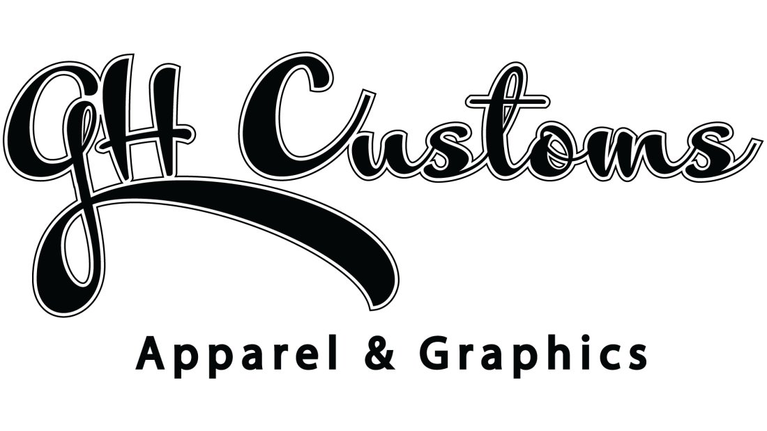 GH Customs Apparel & Graphics logo featuring "GH Customs" in large black script with an extended swoosh beneath the lettering, and "Apparel & Graphics" centered below in bold sans-serif text.