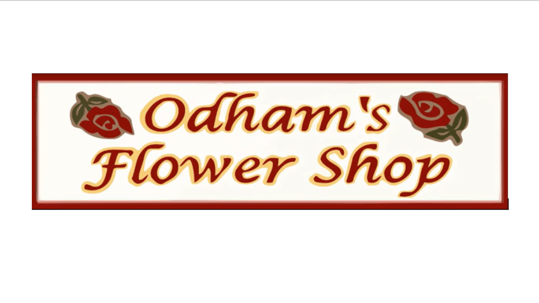 Odham's Flower Shop logo featuring the business name between two red rose illustrations within a decorative rectangular border.