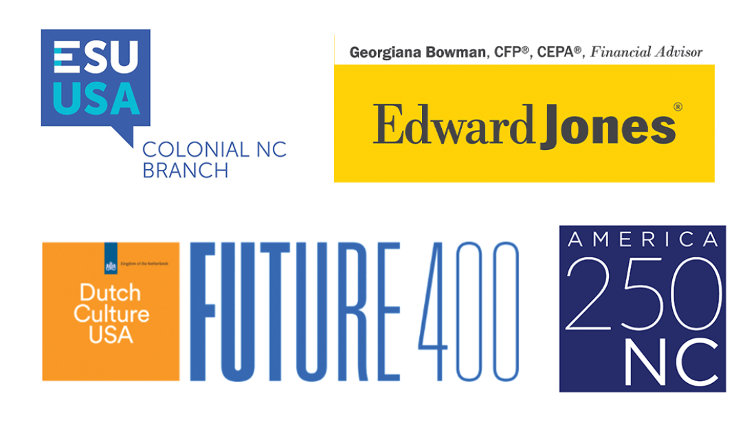 Logos of lecture sponsors ESU USA, Colonial NC Branch, Edward Jones, Dutch Culture USA, Future 400, and America 250 NC.