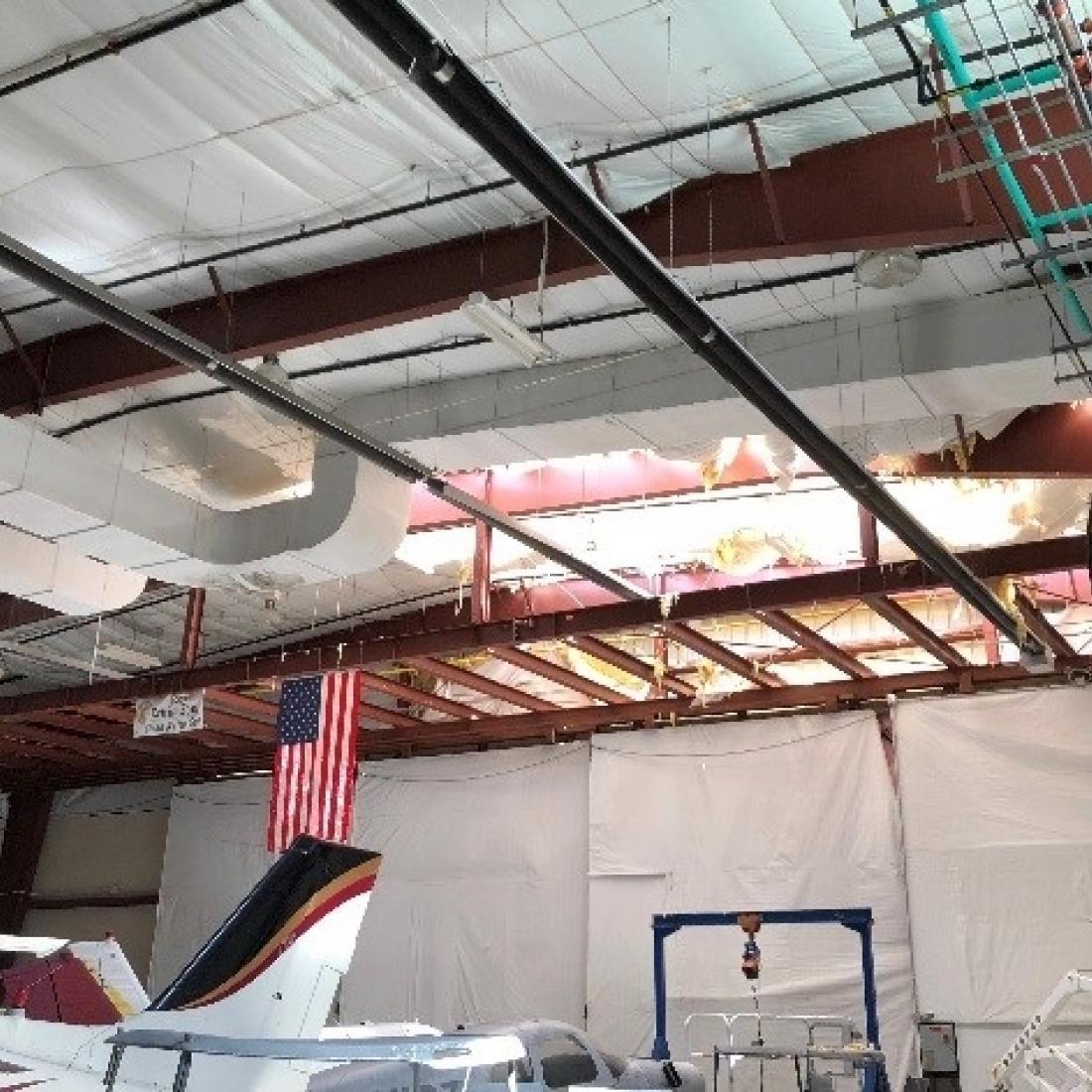 Craven CC’s Institute of Aeronautical Technology hangar roof on the Havelock campus was badly damaged during Hurricane Florence.