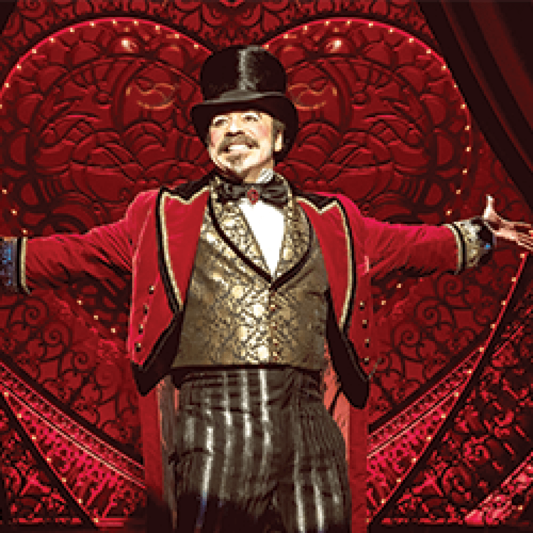 Master of ceremonies male in top hat and flamboyant outfit with arms outspread