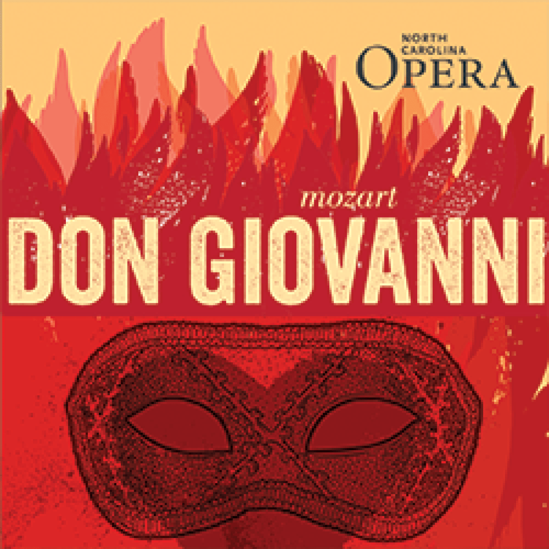 LLC square image for North Carolina Opera Don Giovanni show with red flames and black face mask outline
