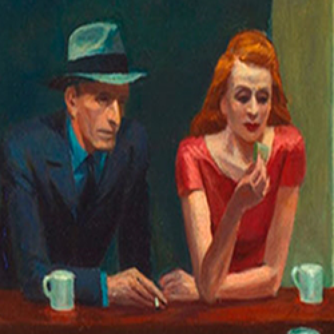 Artistic depiction of a man and woman with coffee mugs inside a mid-twentieth-century diner