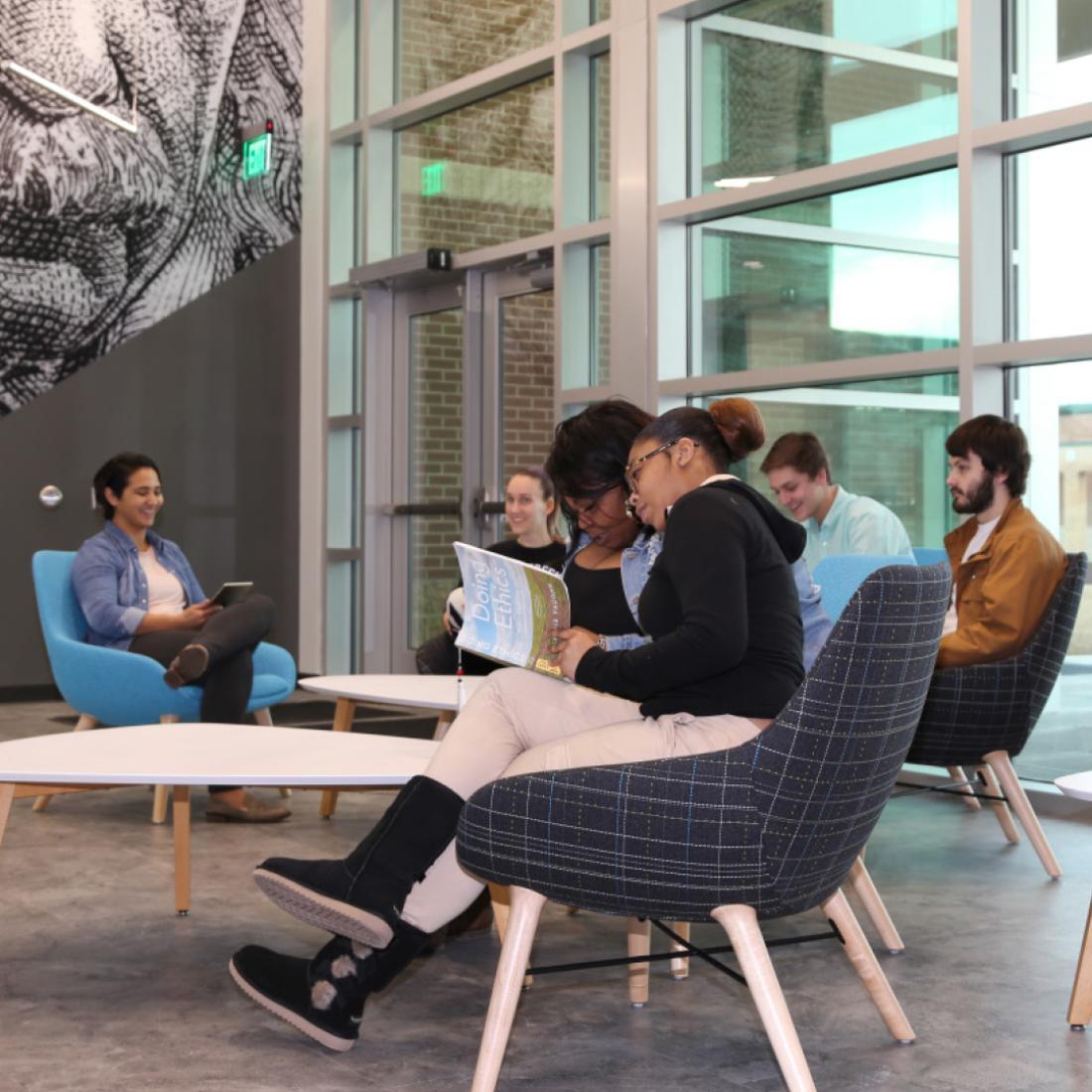 Students sitting in Havelock STEM Center in 2020