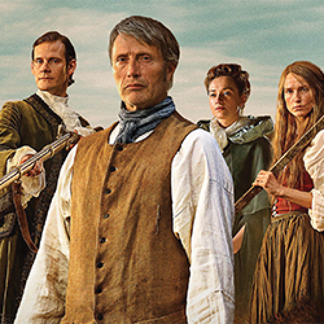 Two male actors and two female actresses dressed in 18th century mid-Western attire with stern facial expressions