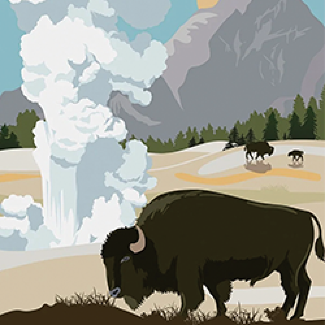 Digital artwork of Yellowstone National park and bison near geyser