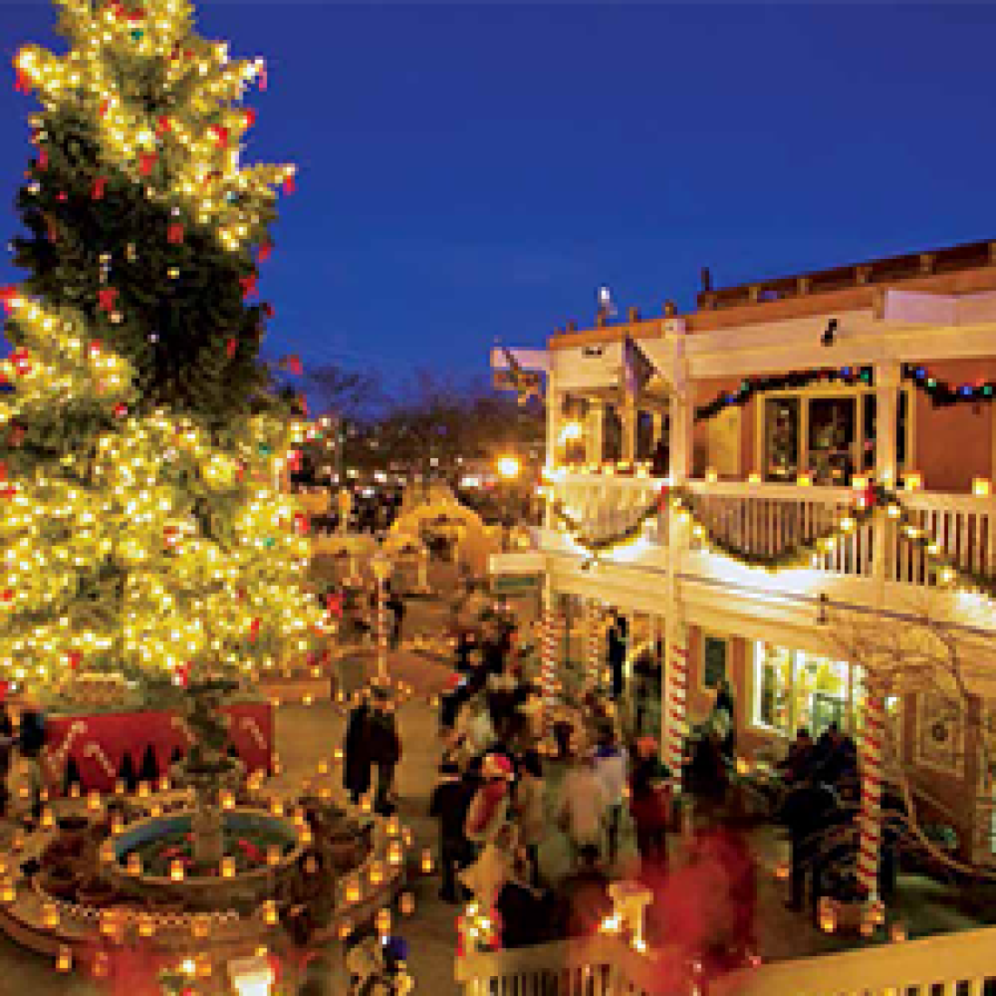 Building exterior and tree decorated festively for the holiday season