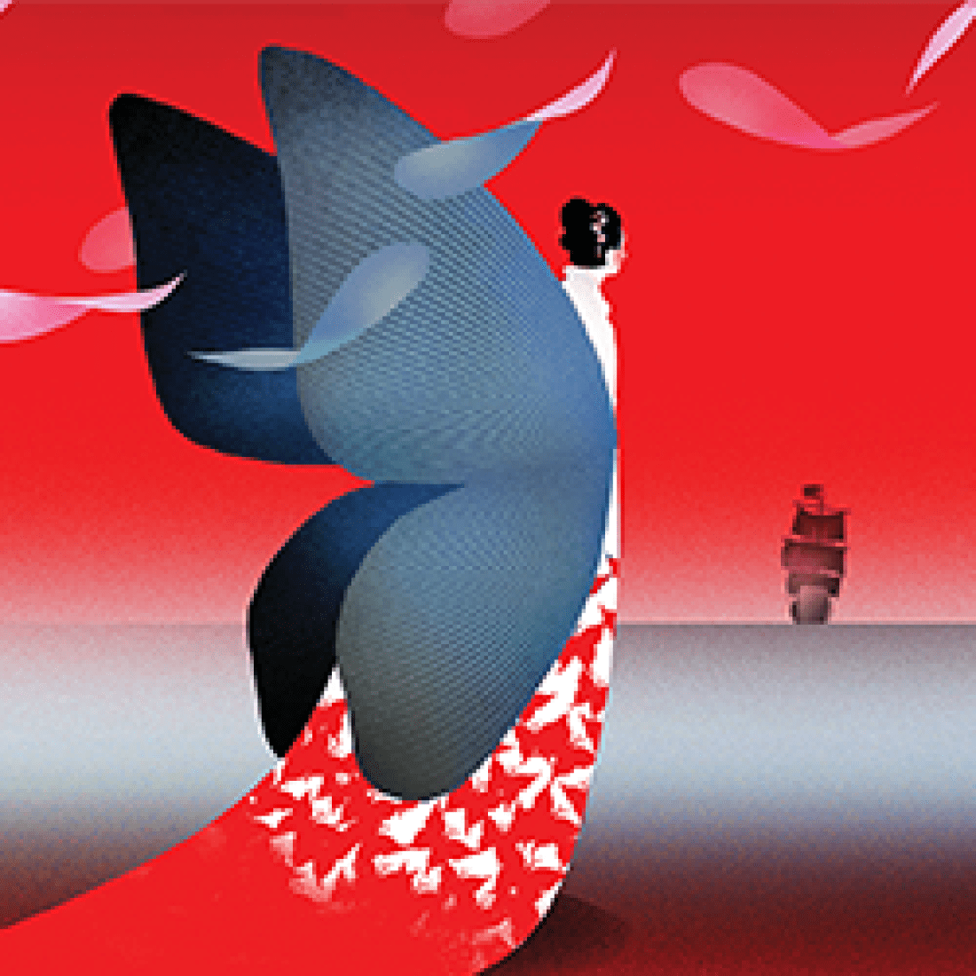Artistic rendition of Asian woman in red dress and black butterfly wings