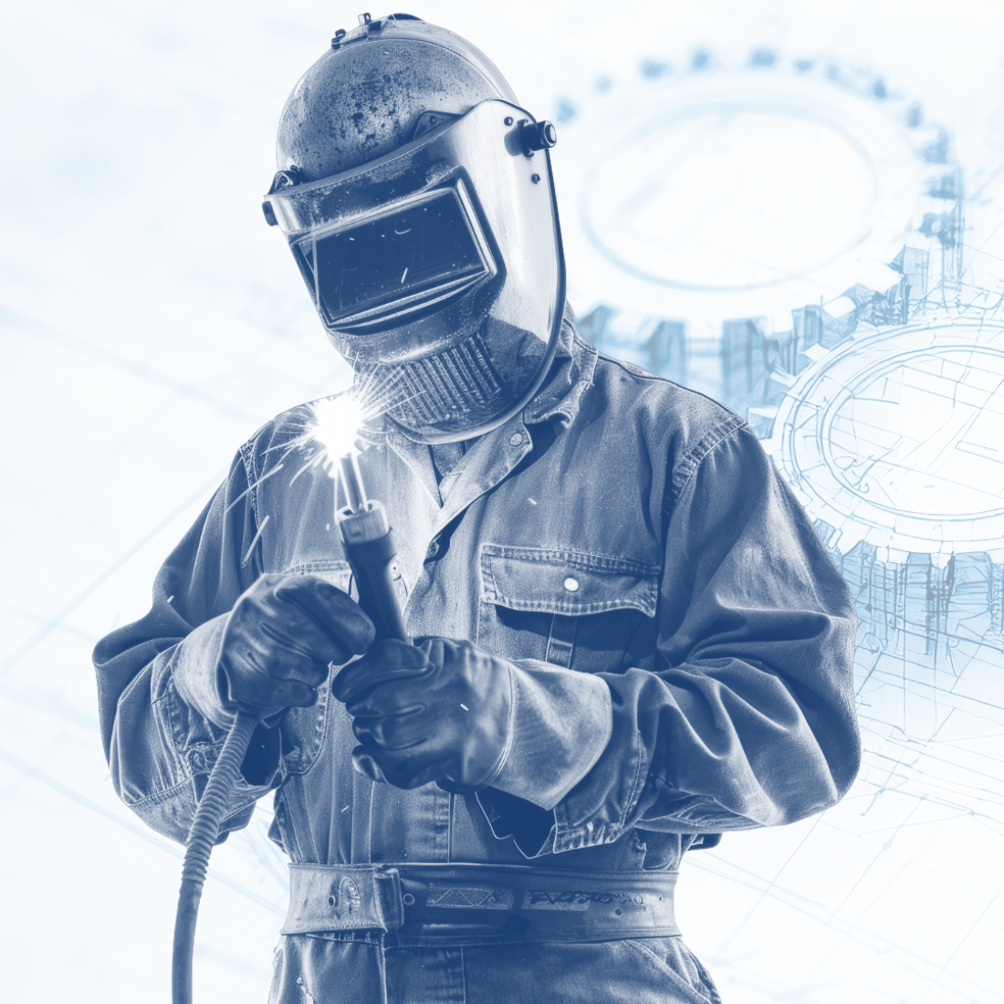 Welder in full protective jumpsuit and helmet