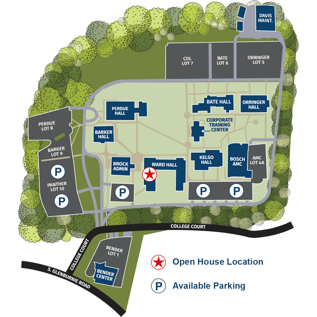 New Bern campus map with Open House and parking locations marked