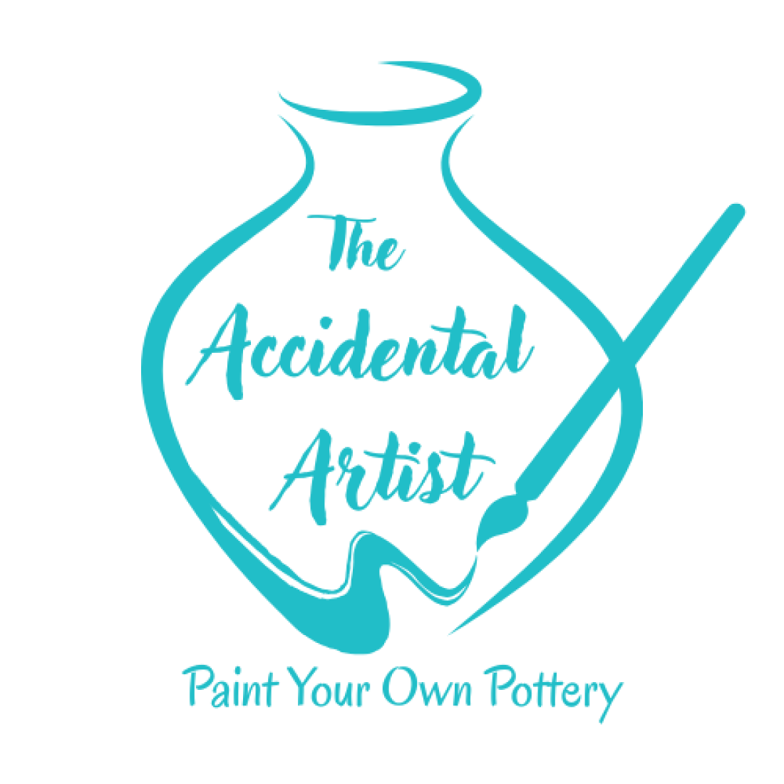 The Accidental Artist logo featuring a turquoise pottery vase outline with the business name inside and the tagline "Paint Your Own Pottery" below.