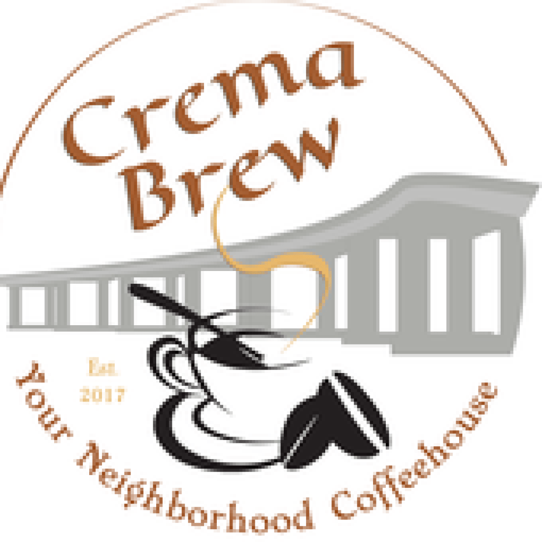 Crema Brew logo featuring the business name above a stylized coffee cup, coffee beans, and a classical column, with the tagline "Your Neighborhood Coffeehouse" and "Est. 2017" below.