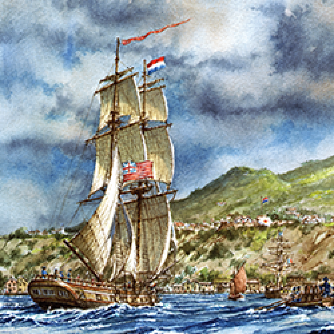 Painting of a historic sailing ship near a rocky coastline, with a small boat approaching across choppy water beneath a cloudy sky.