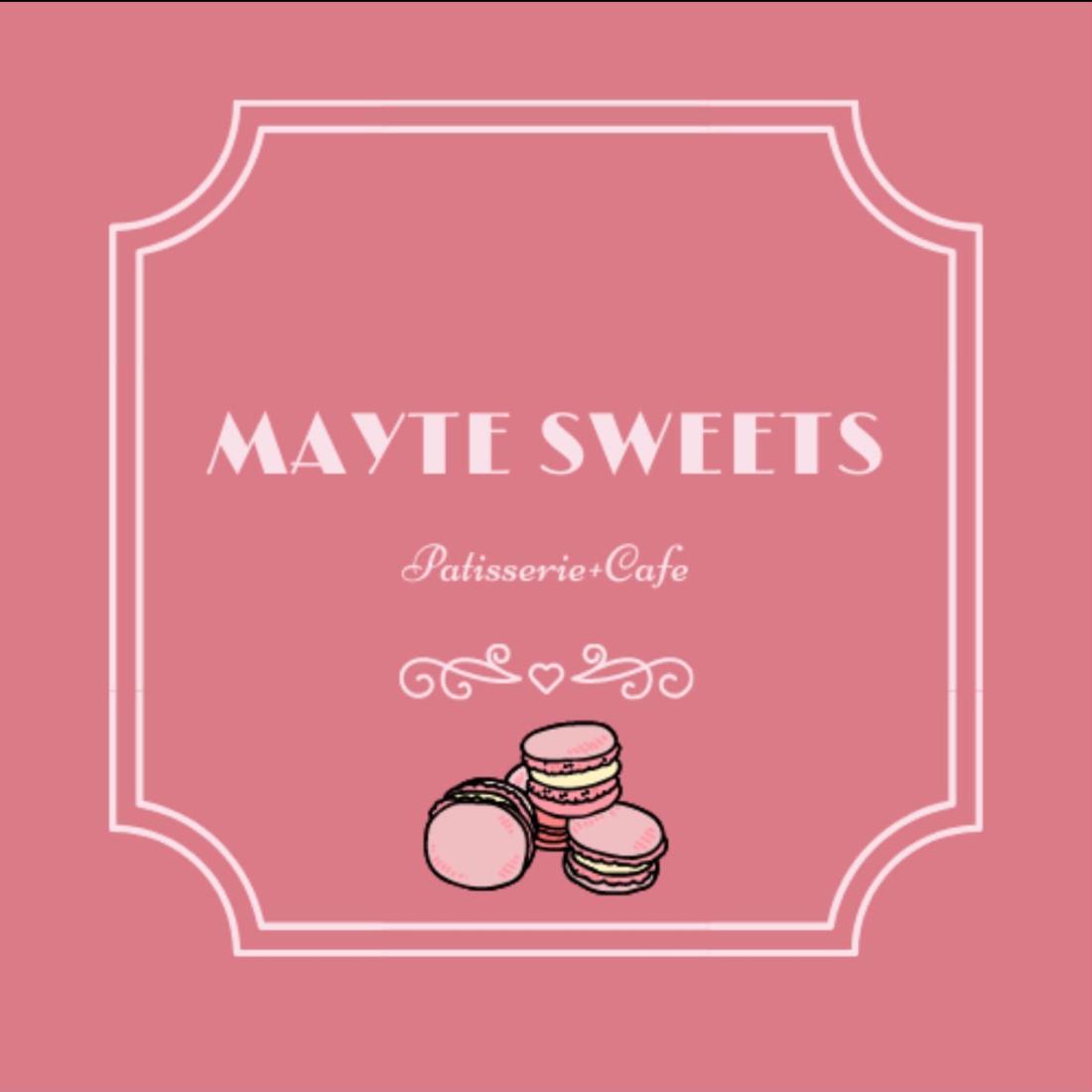 Mayte Sweets Patisserie + Cafe logo featuring the business name in white text on a pink background with a decorative white border and an illustration of pink macarons at the bottom.