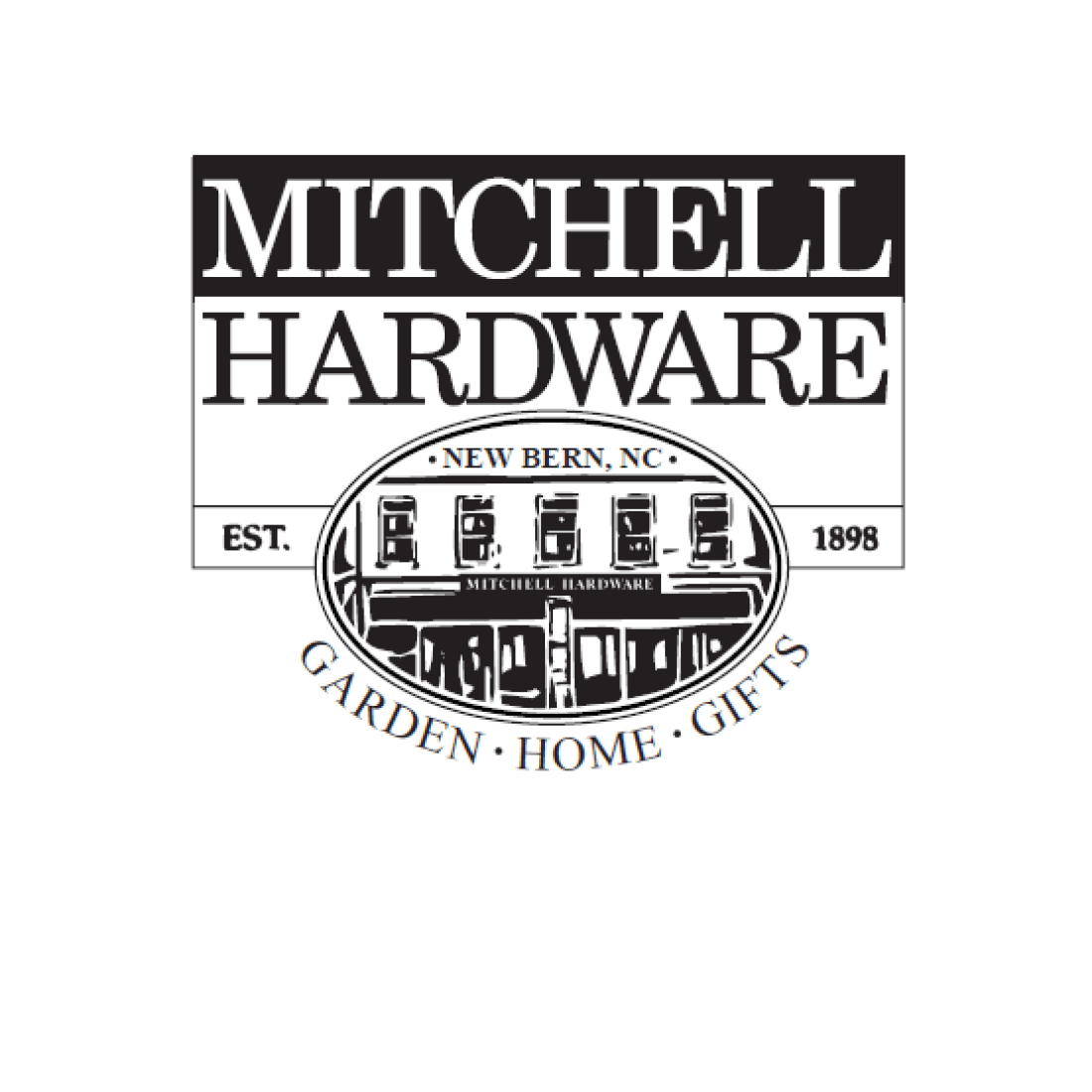 Mitchell Hardware logo featuring the business name above an illustration of a storefront, with "New Bern, NC," "Est. 1898," and the words "Garden · Home · Gifts" below.