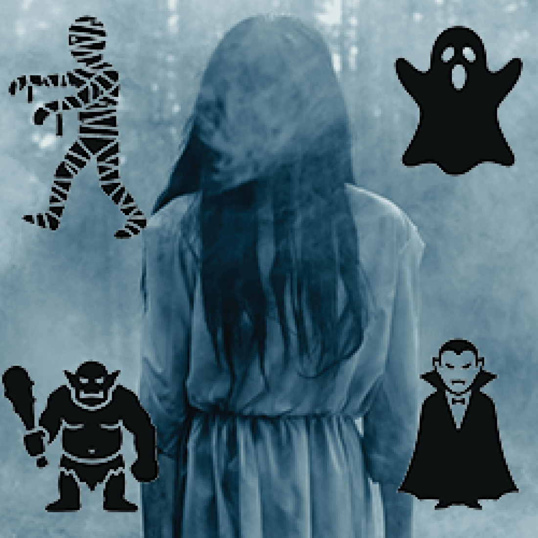 Ghostly figure in a white dress stands in a misty forest, surrounded by cartoon silhouettes of classic Halloween monsters, including a mummy, ghost, Frankenstein’s monster, and vampire.