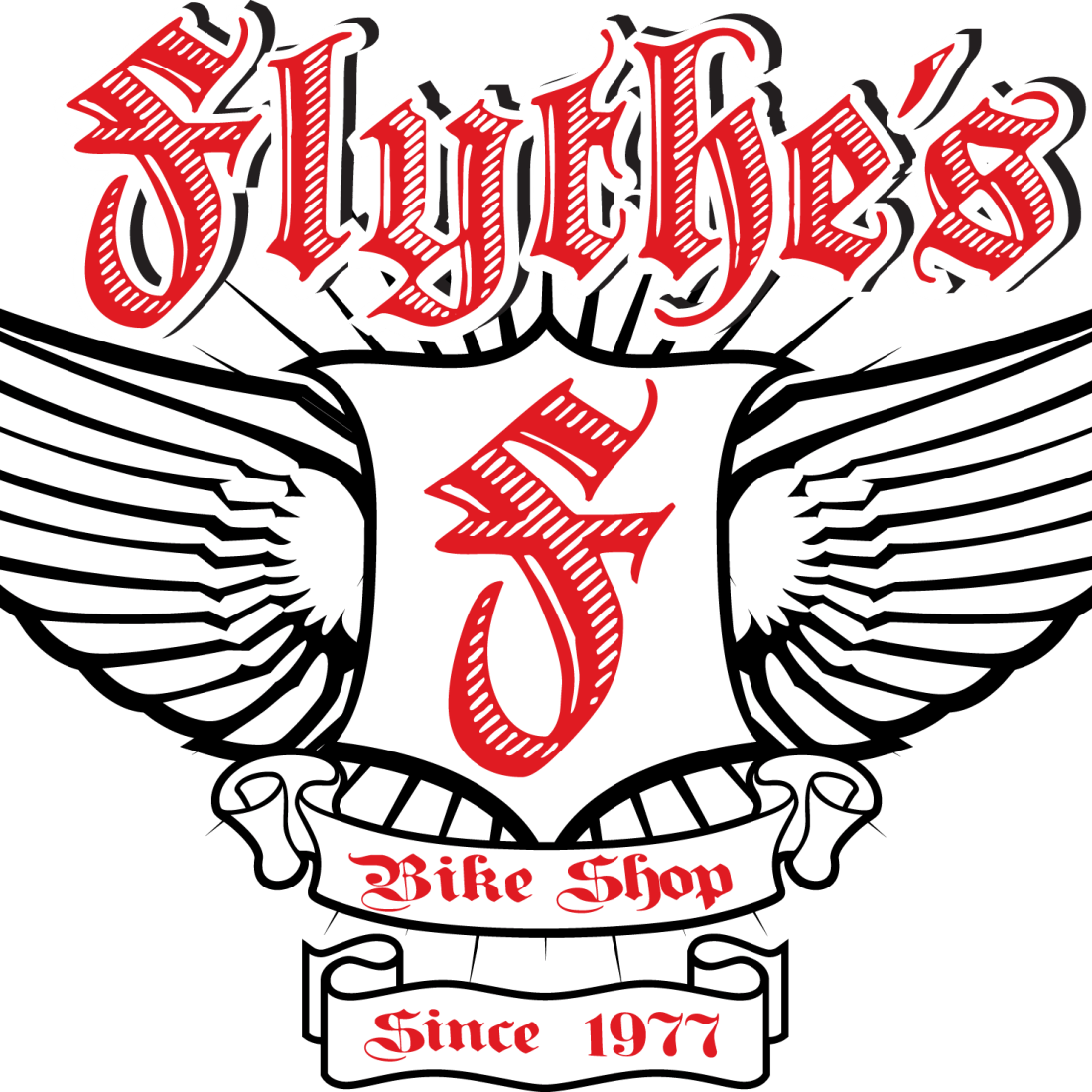 Flythe's Bike Shop logo featuring a red Gothic-style "F" on a white shield with outstretched wings, the words "Flythe's" above, "Bike Shop" below, and a banner reading "Since 1972."