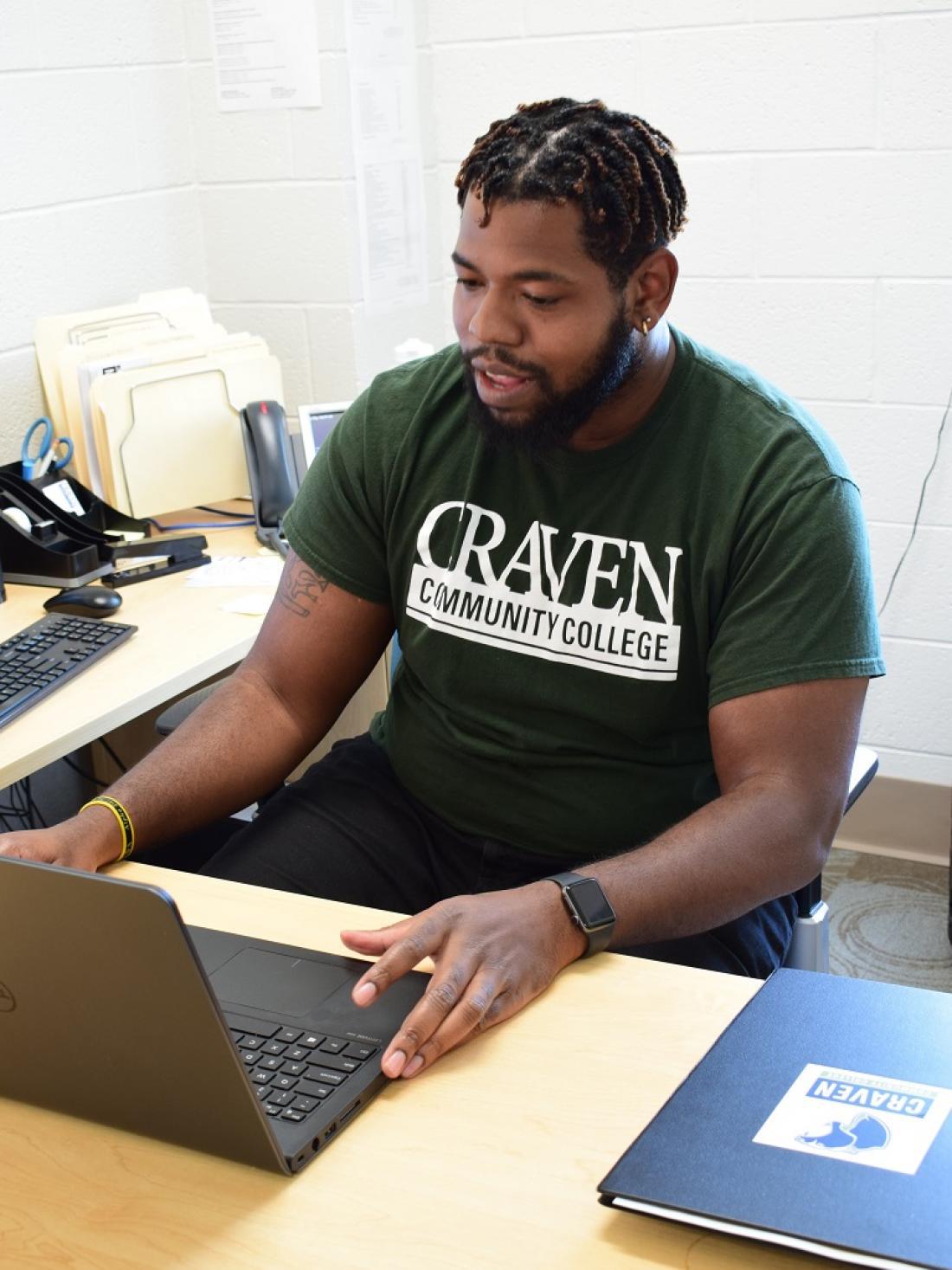 Craven CC advisor Austin Dixon holds a virtual advising appointment with a potential student. Craven CC advisors are working hard to ensure all student questions and concerns are addressed while registering them for the mid-summer semester that starts June 15.