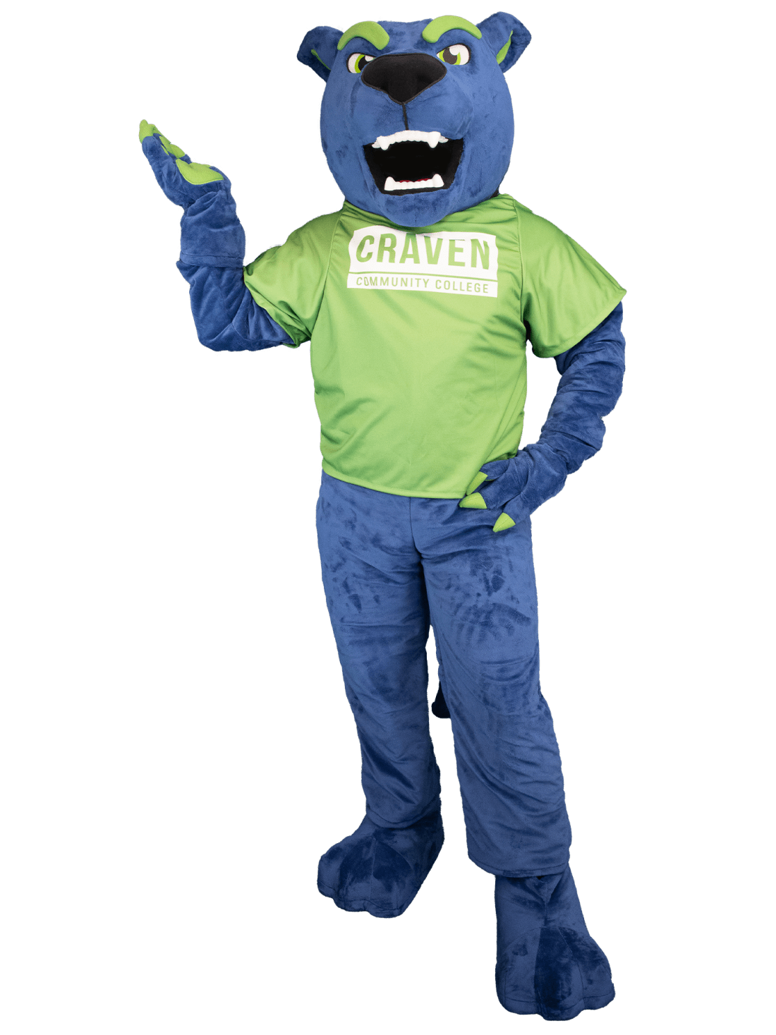 Blaze the blue panther mascot wearing a green Craven Community College T-shirt with one hand on hip and other hand lift up like it's a waitress holding a tray