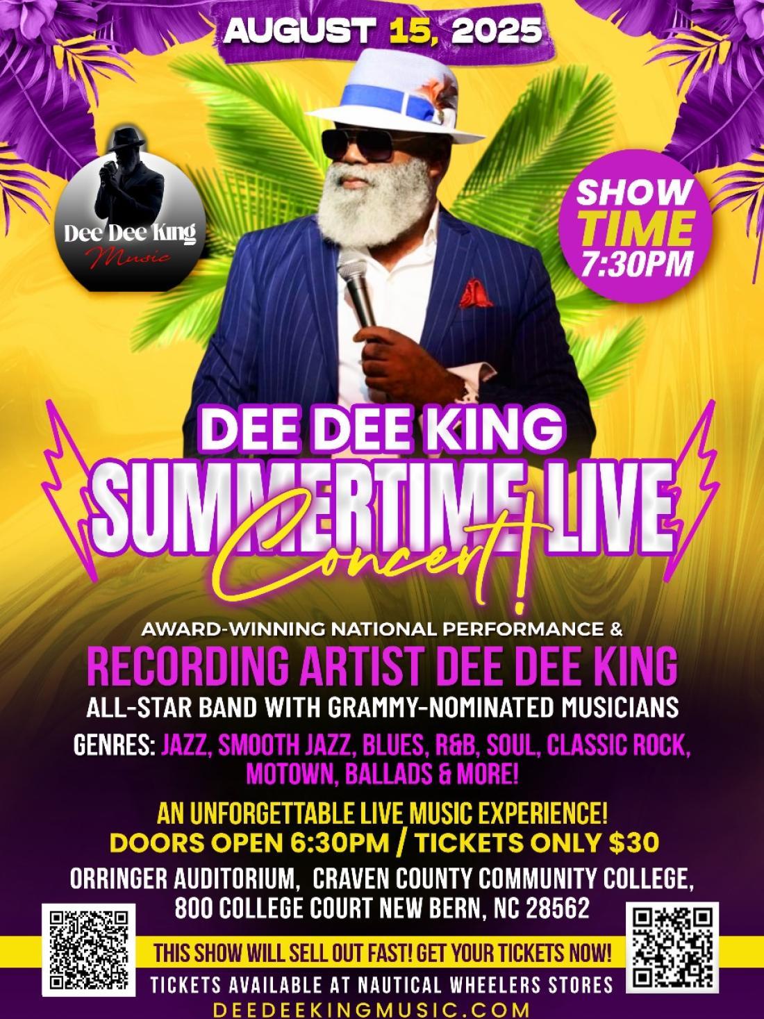 Flyer showing a man with a white beard, dressed in a pinstripe jacket and fedora, holding a microphone; showing information about the concert.