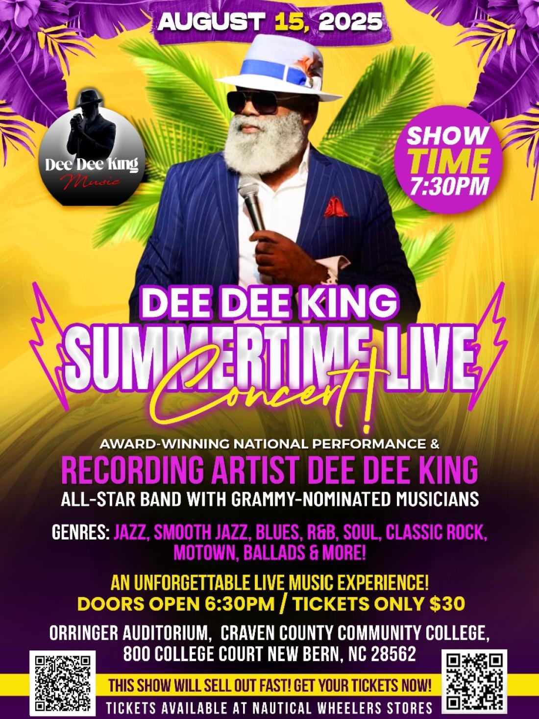 Flyer showing a man with a white beard, dressed in a pinstripe jacket and fedora, holding a microphone; showing information about the concert.