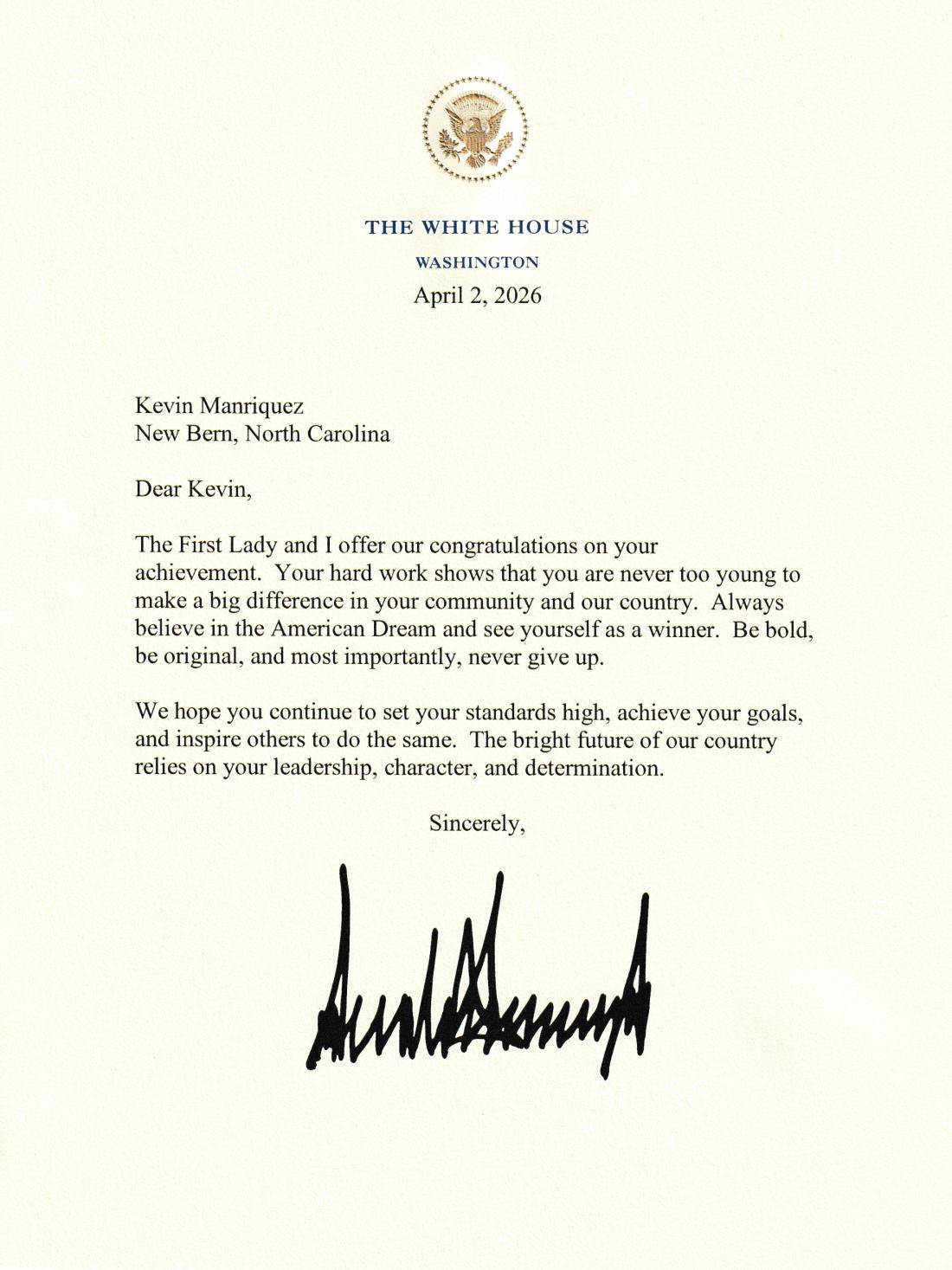 Letter of Congratulations from Donald Trump