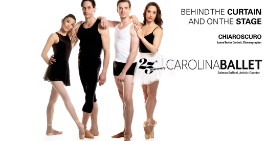 Group of four ballet dancers with Carolina Ballet logo