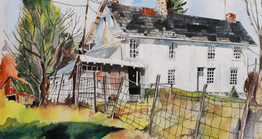 watercolor painting of a white house in a country setting
