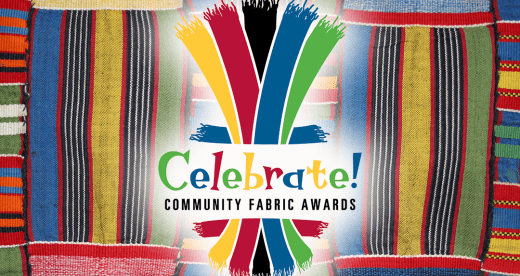 Colorful fabric with Community Fabric Awards logo on top