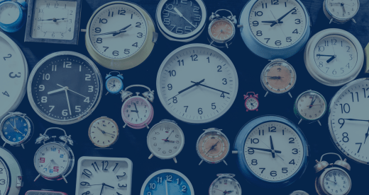 Various shapes, colors, and sizes of analog clocks