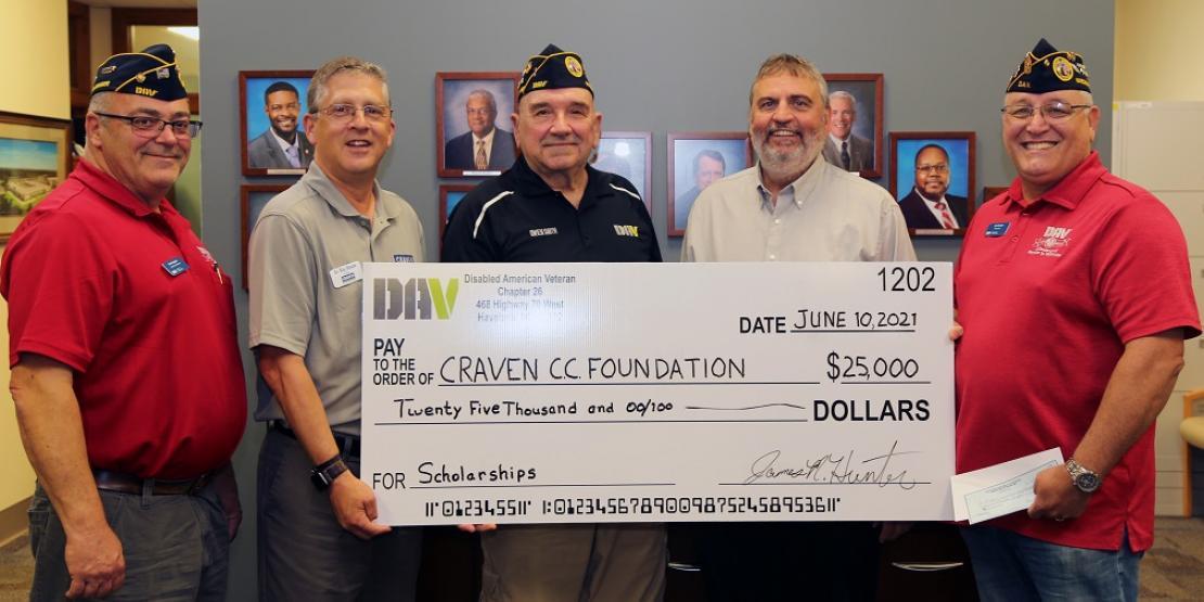 Pictured left to right: DAV Jr. Vice Commander Grant E. Ingram, Craven CC President Dr. Ray Staats, DAV Treasurer Owen R. Smith, Craven CC Executive Director of Institutional Advancement Charles Wethington and DAV Commander James M. Hunter.