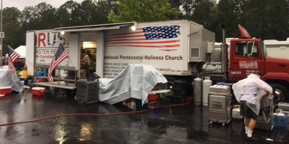 ​​​​​​​Volunteers for IPHC Disaster Relief USA, American Red Cross and North Carolina Mobile Feeding Kitchen worked through harsh weather conditions to provide 14,000 hot meals for residents affected by the hurricane.