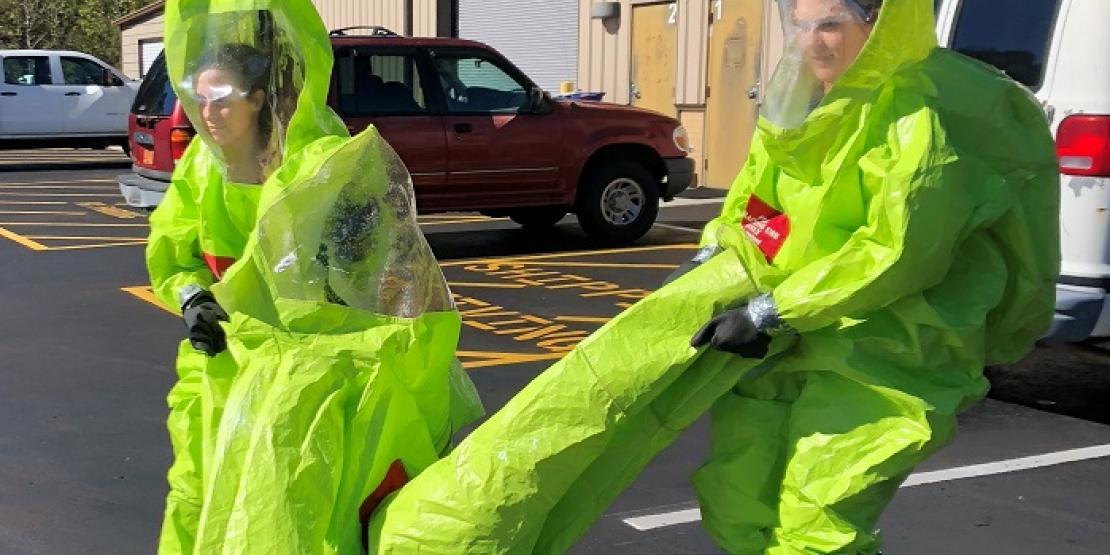 Craven CC students in the Environmental Safety program wear hazmat suits while training. It is one of numerous Workforce Development programs for which the college is reinstating in-person instruction.