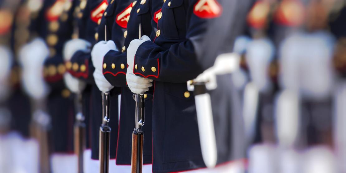 Marines lined up in dress uniform