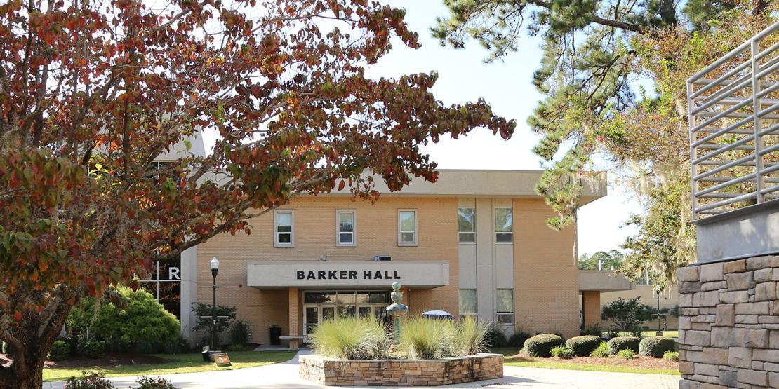 Exterior of Barker Hall with tree
